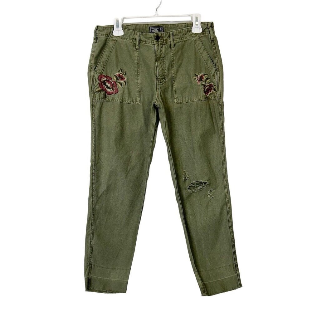 Abercrombie Fitch Ames Low Rise Slim Boyfriend Pants Womens‎ 30 Green Embroidery